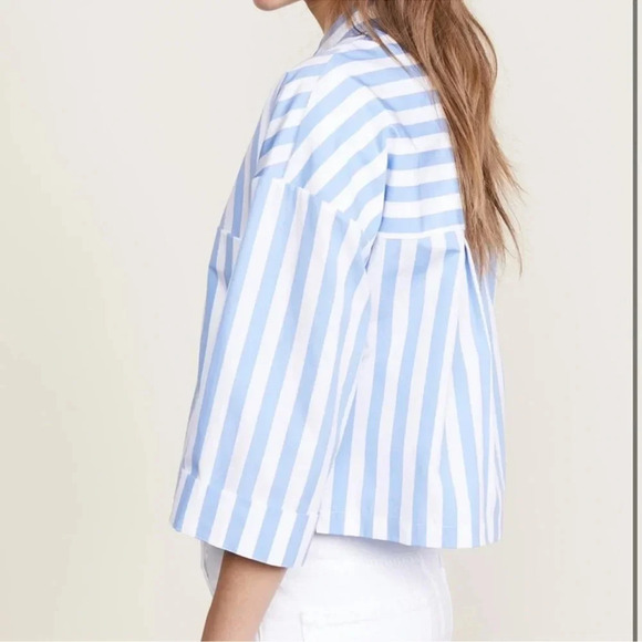Kule the Keaton stripe  3/4 sleeve cropped shirt in white and sky - Picture 3 of 7
